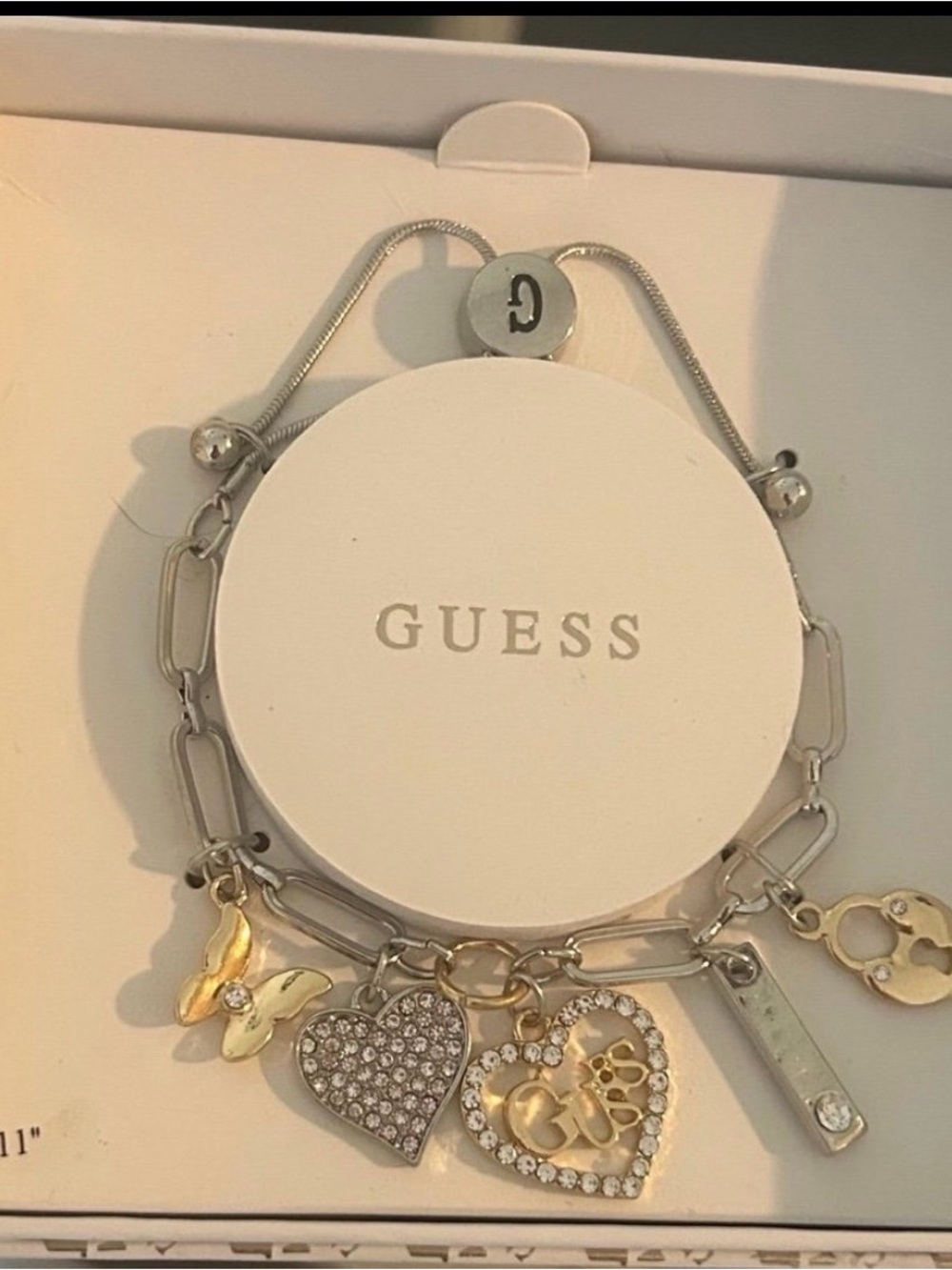 GUESS Two-Tone Charm Bracelet with Crystal Heart & Logo Charms - Silver & Gold